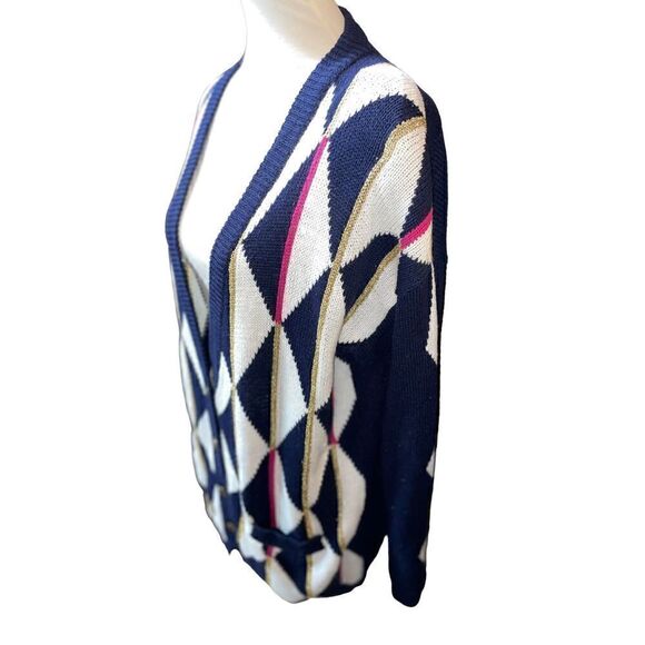 Concepts Button Down Geometric Multi Color Long Sleeve Navy Blue& White Cardigan - Picture 8 of 10